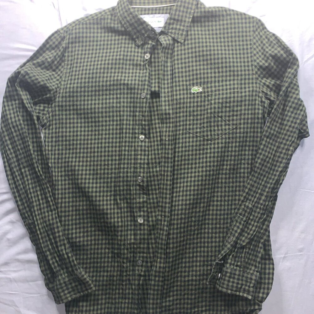 Lacoste Shirt Mens Small Green Gingham Check Regular Fit Cotton Button Up